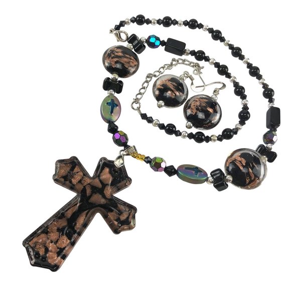 Necklace Set Cross Pendant Black & Copper Glass Bead with Earrings - Picture 2 of 6